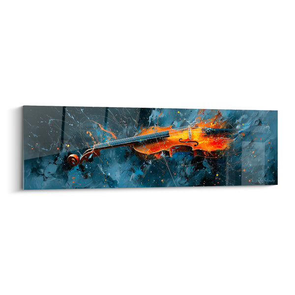 Tableau Musique violon orange et bleu ardoise éclaboussé - Volutes de la crosse - Edition Musique