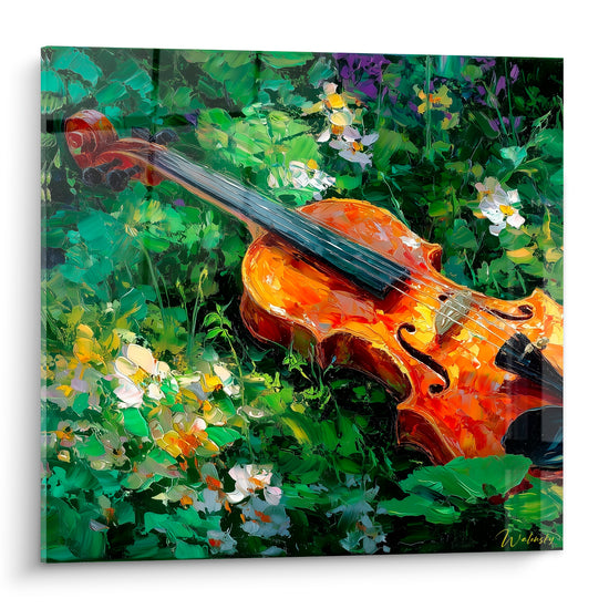 Violon ambré et orangé niché dans un feuillage vert émeraude parsemé de fleurs blanches