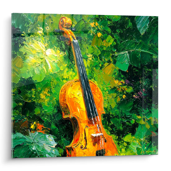 Violon doré peint au couteau, entouré d'un dense feuillage vert émeraude et jaune lumineux