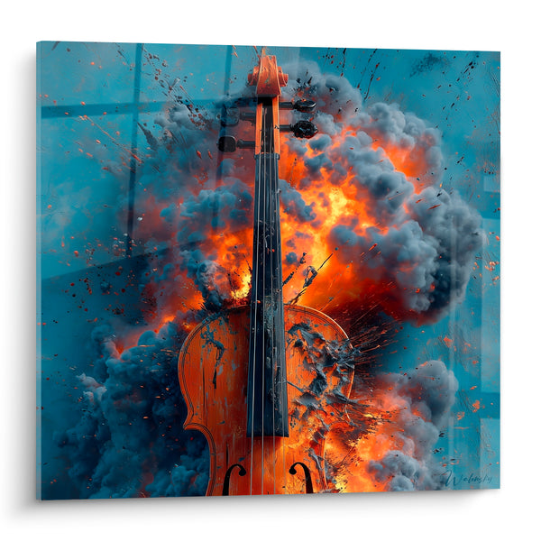 Tableau Musique violon ambré et bleu explosion enflammée - Nuage de fumée - Edition Musique