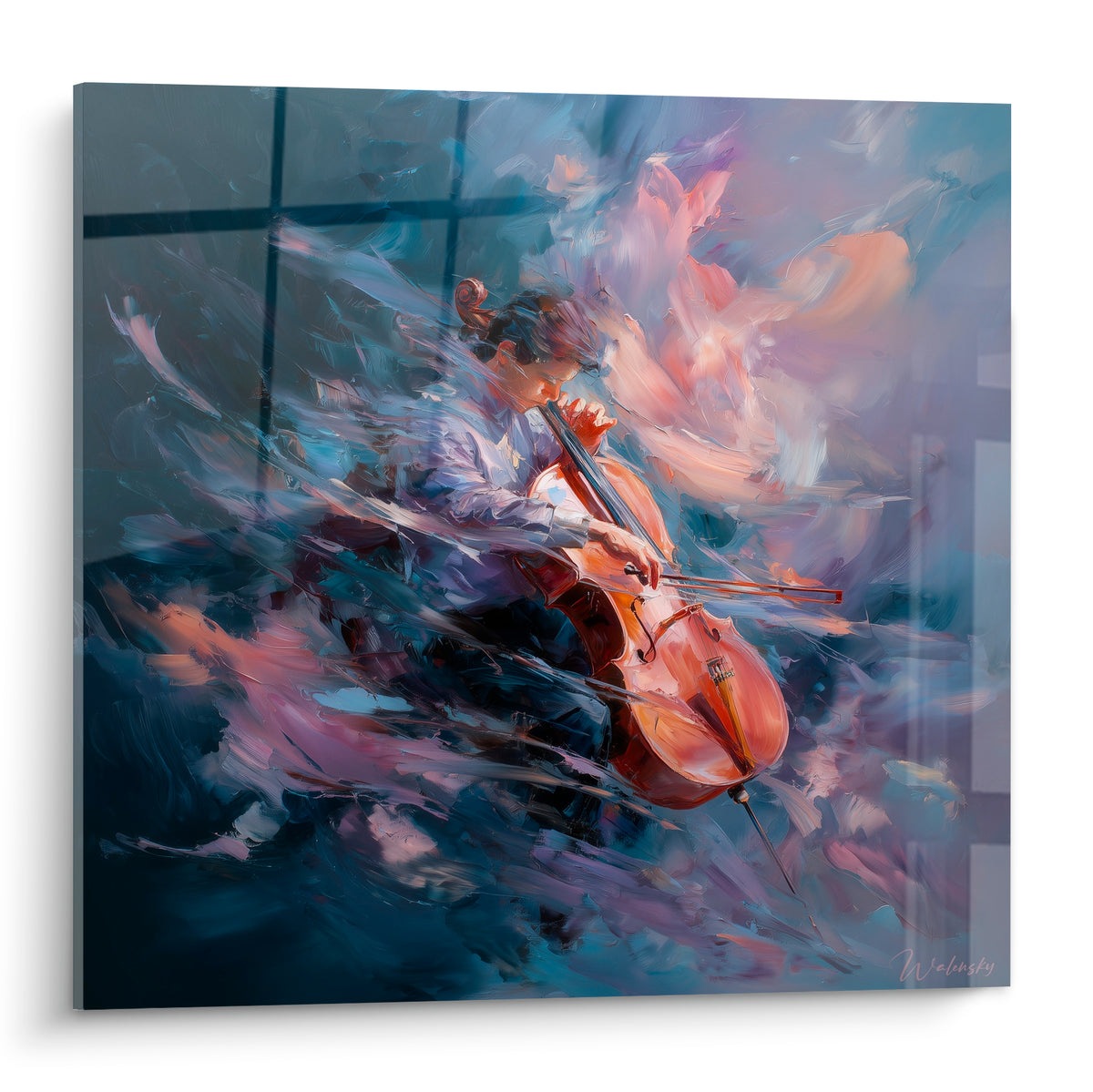 Violoncelliste en plein archet, tourbillons bleu marine et pêche, touches empâtées et lumineuses