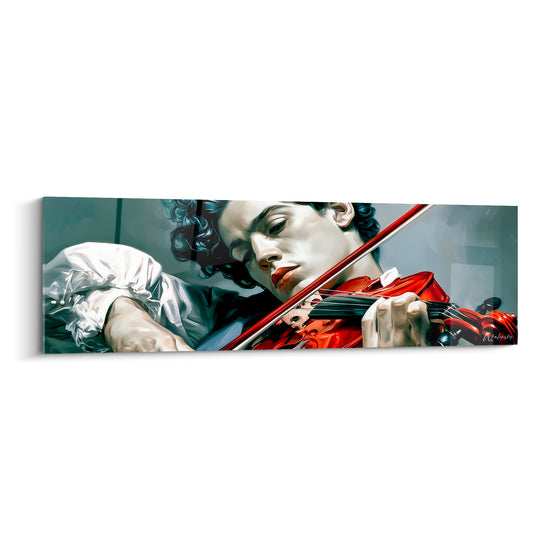 Violoniste au teint ivoire jouant avec passion, manche blanc immaculé et violon acajou sur fond bleu ardoise