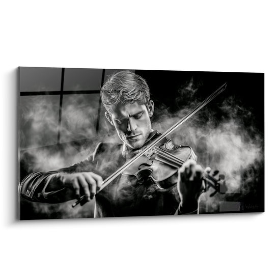 Violoniste absorbé jouant dans une fumée blanche, contrastes noirs profonds, portrait en noir et blanc intense