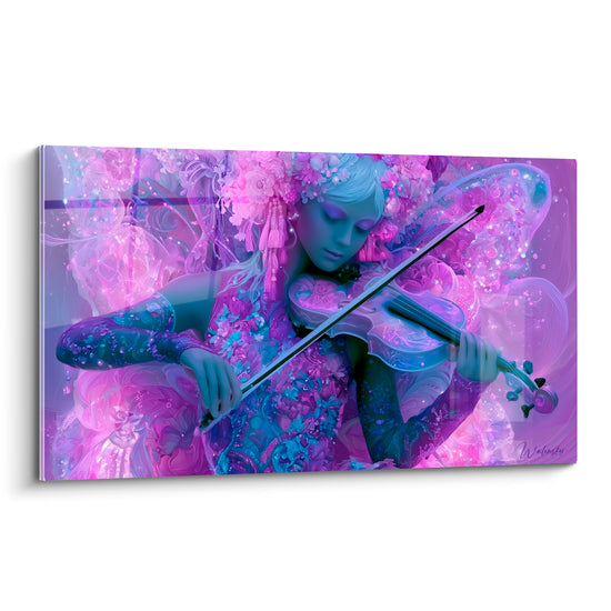 Violoniste vêtue de violet et lilas jouant les yeux clos, parée de fleurs roses et bleutées scintillantes