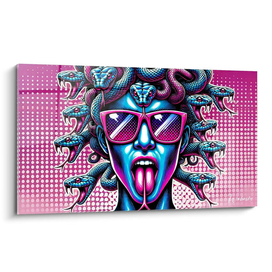 "Tableau en verre acrylique Pop Art / Rétro, vue de biais, affichant des couleurs vives et des motifs rétro distinctifs. Art mural moderne pour décoration intérieure."
