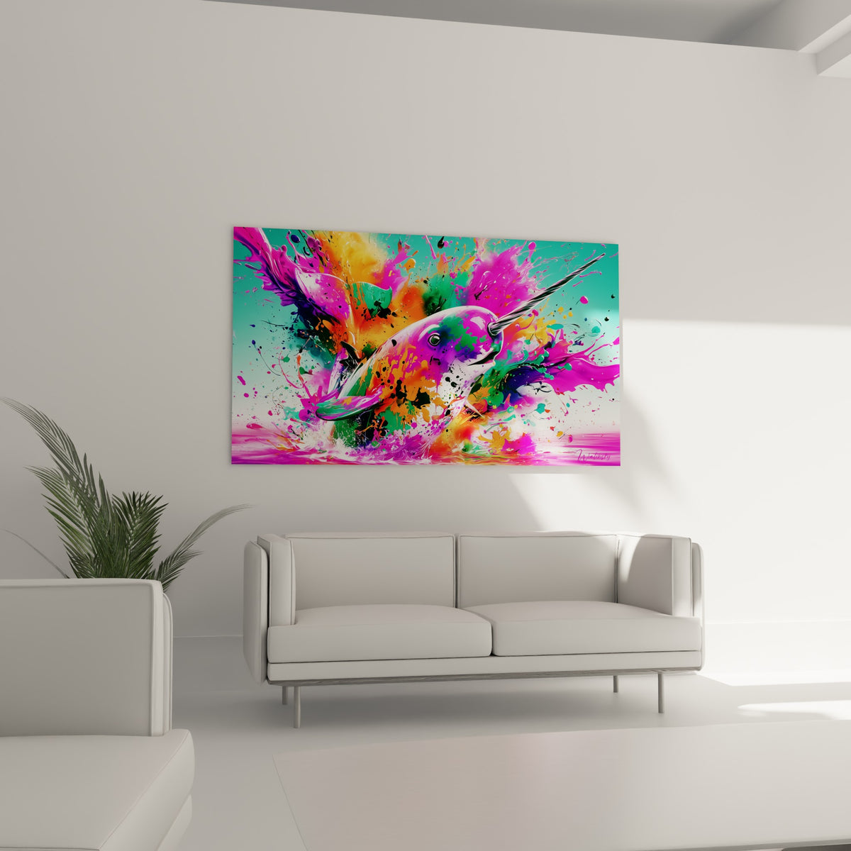 Corne torsadée du narval entourée de rose vif et de turquoise, au-dessus d'un canapé dans un salon lumineux