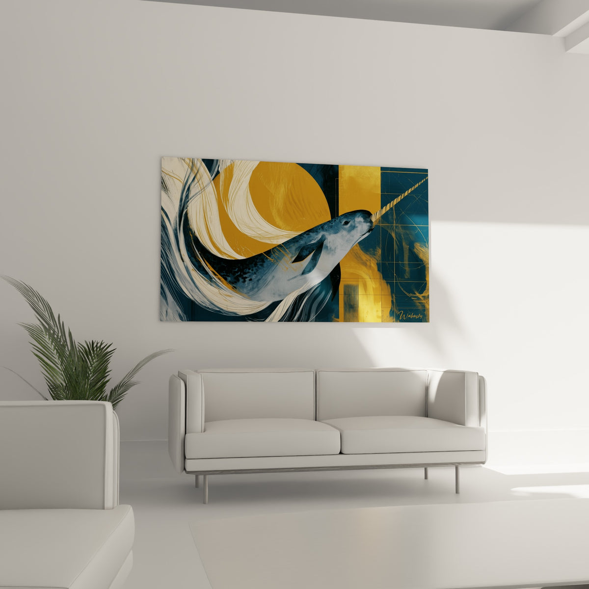 Narval anthracite et ocre glissant dans un tourbillon doré, au-dessus d'un canapé dans un salon lumineux
