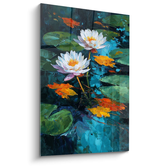 Tableau nenuphar blanc sur eau turquoise avec feuilles automne orangees peinture acrylique murale