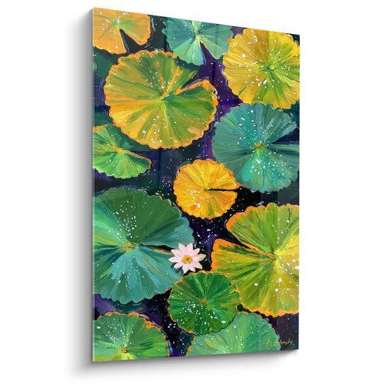 Tableau nénuphars feuilles colorées dorées turquoise flottant eau étoilée fleur rose centrale art mural