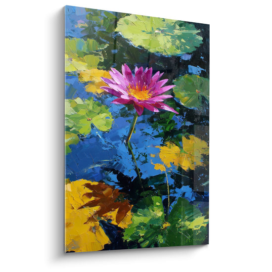 Tableau nénuphare rose aux pétales fuchsia sur eau bleue avec reflets dorés et feuilles vertes flottantes