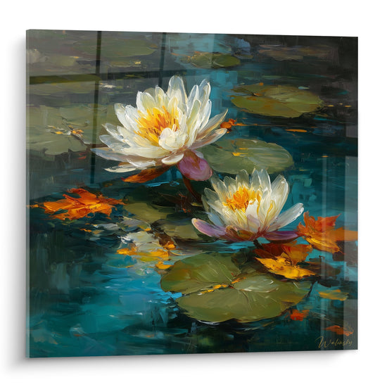 tableau nenuphars blancs eau turquoise reflets dores peinture impressionniste moderne decoration murale
