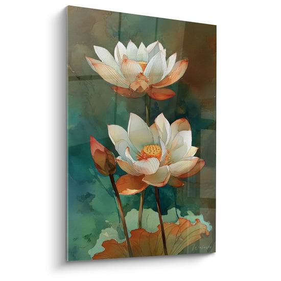 Tableau de nénuphars blancs et orangés sur fond turquoise, style impressionniste aquatique élégant