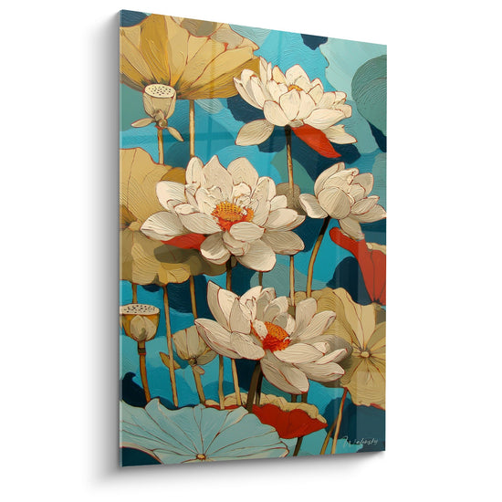 Tableau nénuphars blancs aux cœurs orange sur fond turquoise avec feuilles dorées, style contemporain botanique