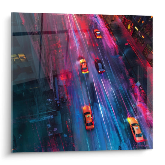 Tableau mural vue aérienne New York nocturne avec taxis et néons colorés sur asphalte mouillé