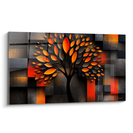 Olivier stylisé aux feuilles orange et dorées se détachant sur un fond anthracite en damier géométrique