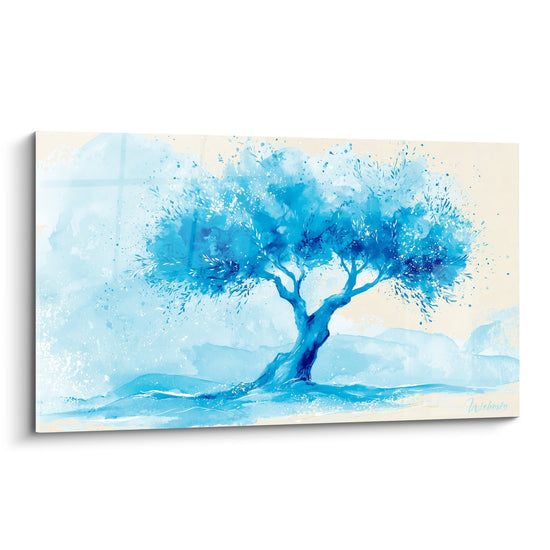 Olivier bleu marine et ivoire en aquarelle, silhouette délicate aux éclaboussures blanches sur fond crème