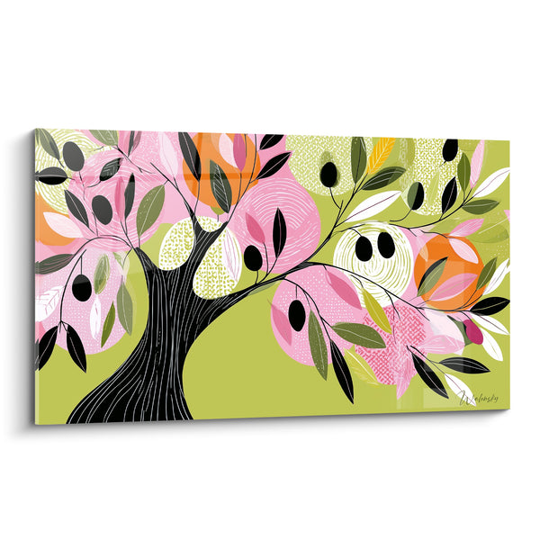 Tableau Olivier stylisé rose et vert anis - Jardin en fleurs - Edition Olivier