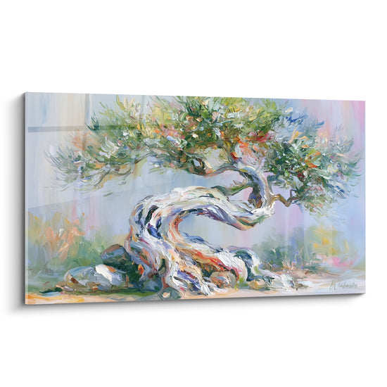 Olivier au tronc blanc torsadé et feuillage vert tendre sur fond bleu pastel lumineux
