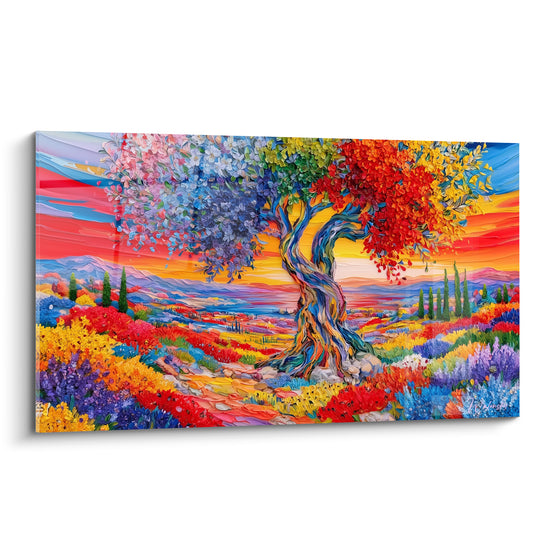 Olivier au tronc bleu tressé, feuillage rouge, jaune et lavande sur ciel orangé flamboyant