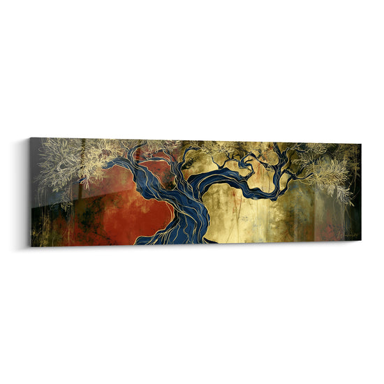 Olivier au tronc bleu marine sinueux, feuillage doré esquissé sur fond terracotta et anthracite