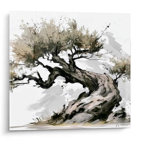 Olivier au tronc noueux anthracite et feuillage doré, peinture gestuelle sur fond blanc cassé