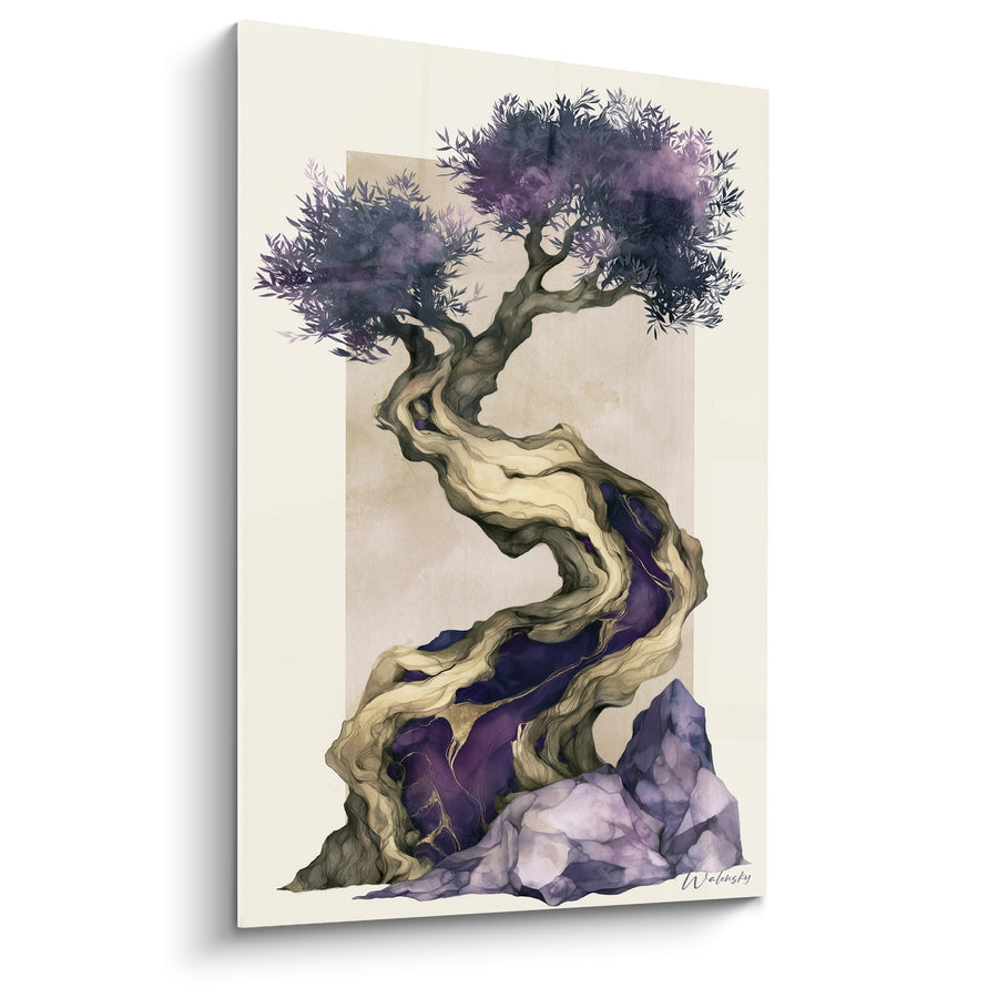 Tableau Olivier tronc violet et doré marbré sur rocher - Veines dorées ondulantes - Edition Olivier