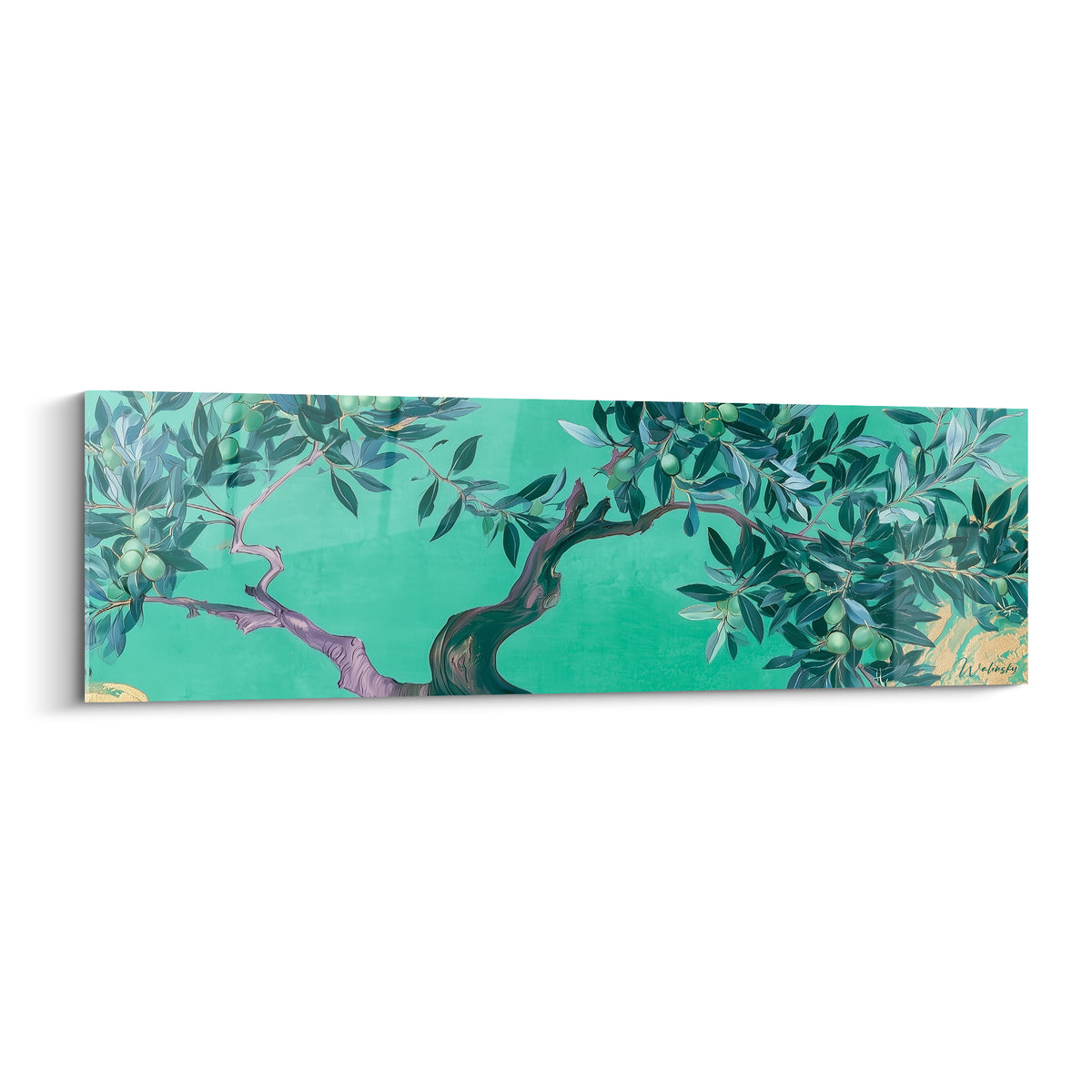 Olivier au tronc mauve sinueux et feuillage vert sauge sur fond turquoise éclatant