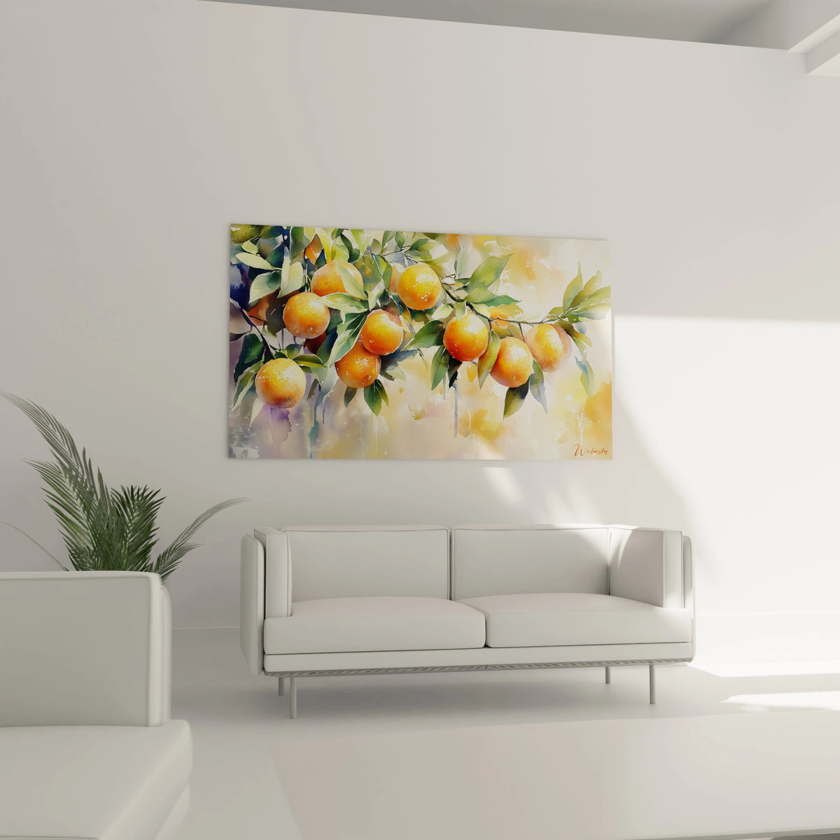 Un tableau Oranger nature représentant un oranger avec des fruits en tons chauds, entourés de feuilles aux reflets verts et dorés. L'effet pictural aquarellé laisse apparaître des dégradés fluides.

