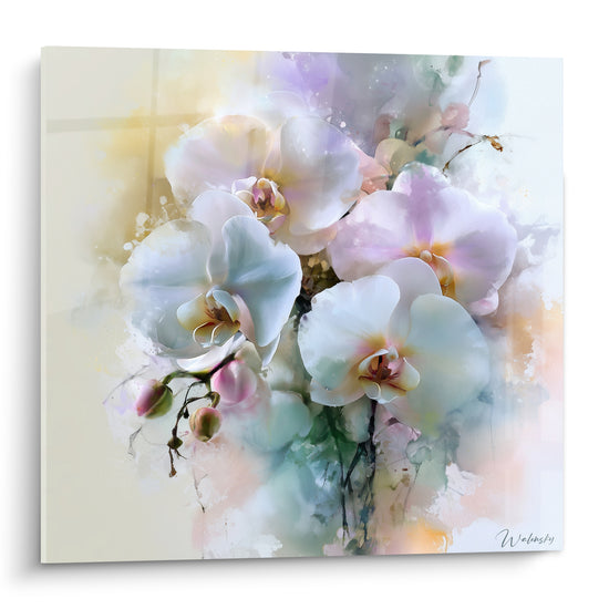 Orchidées blanches et lavande en aquarelle, pétales translucides et cœurs dorés lumineux