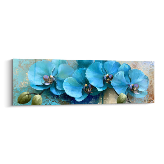 Orchidées bleu turquoise aux cœurs violets peintes sur fond doré craquelé texturé