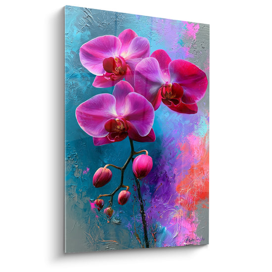 Tableau Orchidées fuchsia et bleu texturé - Floraison éclatante - Edition Orchidée