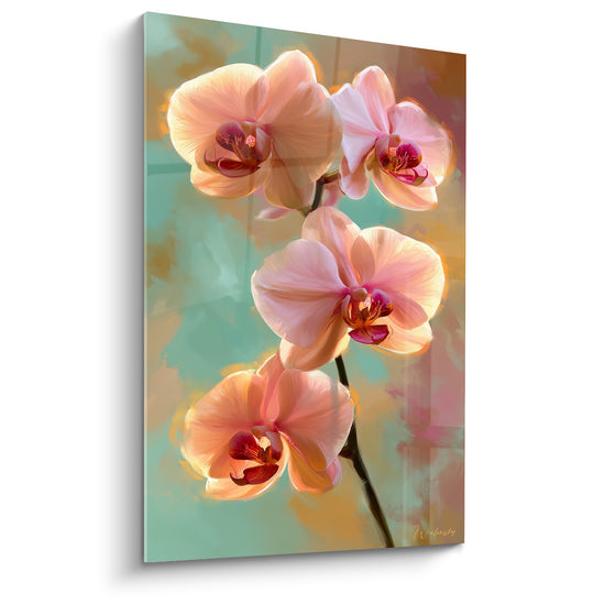 Orchidée pêche et corail aux cœurs pourpres sur fond vert d'eau et ocre lumineux