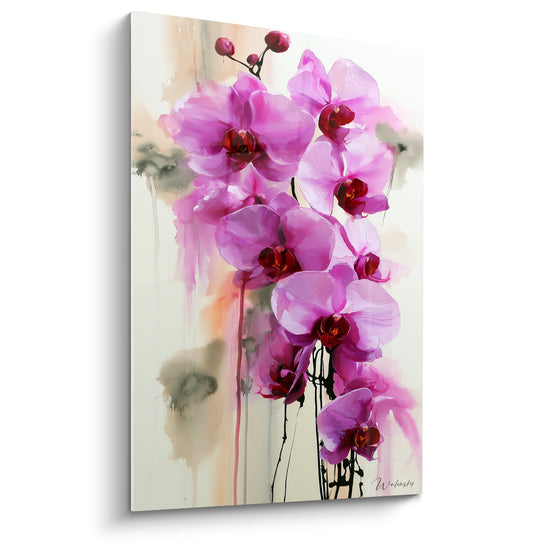 Tableau Orchidées roses aux coulures grises - Rosée matinale - Edition Orchidée