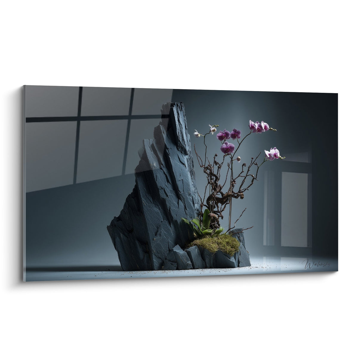Tableau art floral ikebana orchidées violettes structure ardoise intérieur moderne zen minimaliste