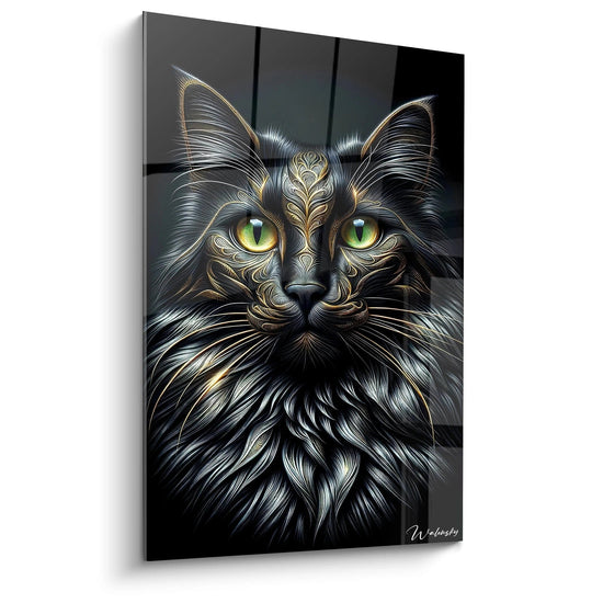 Un tableau d'animal représentant un chat noir de face sur fond sombre, avec des motifs décoratifs dorés intégrés au pelage. Les yeux verts perçants à pupilles verticales sont mis en valeur par des ornements dorés. La texture du pelage mêle des lignes fluides argentées et des motifs floraux métalliques sur le visage et les oreilles.
