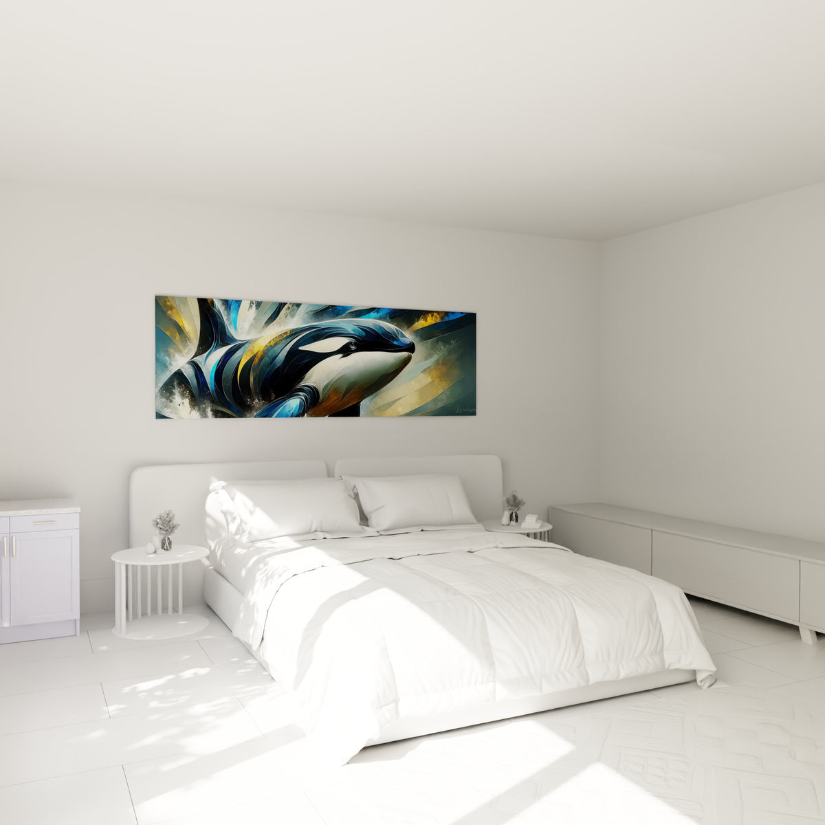Silhouette d'orque anthracite et ocre au-dessus d'un lit dans une chambre claire