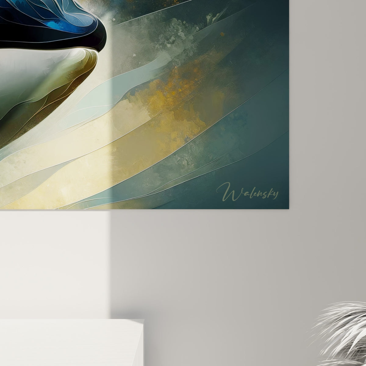 Détail des facettes dorées et bleu marine de l'orque, grain de la toile visible de près