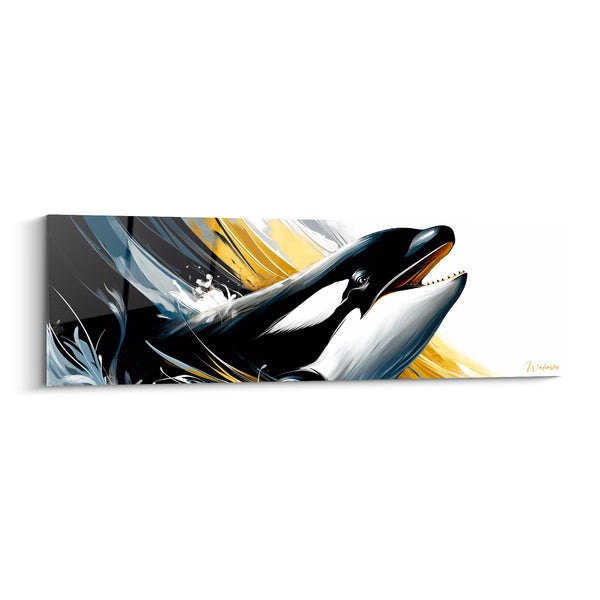 Tableau Orque noire et blanche gueule entrouverte sur fond clair - Feuillage argenté flottant - Edition Orque