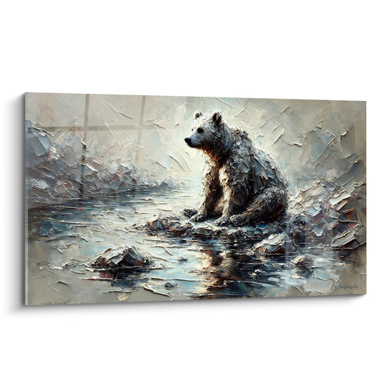 Tableau Ours assis bleu argenté sur rocher - Silence glacé - Edition Ours brun
