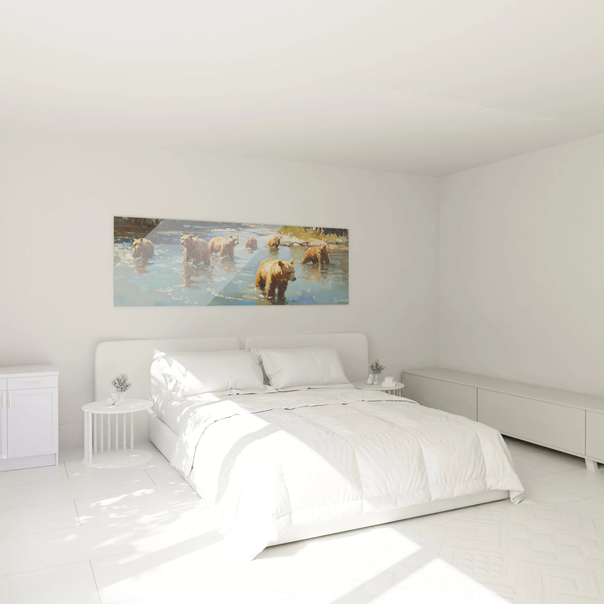 Tableau ours brun Walensky représentant plusieurs ours dans l'eau accroché au-dessus d'un lit blanc dans une chambre minimaliste