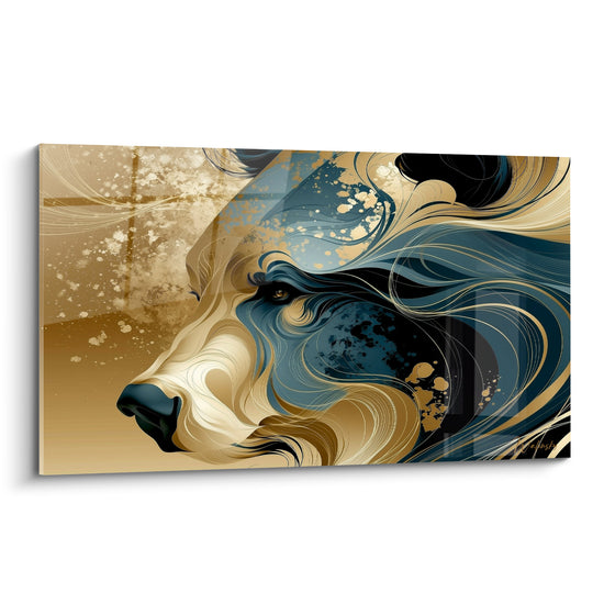 Ours brun en profil doré et bleu marine, motifs graphiques sinueux et regard doux