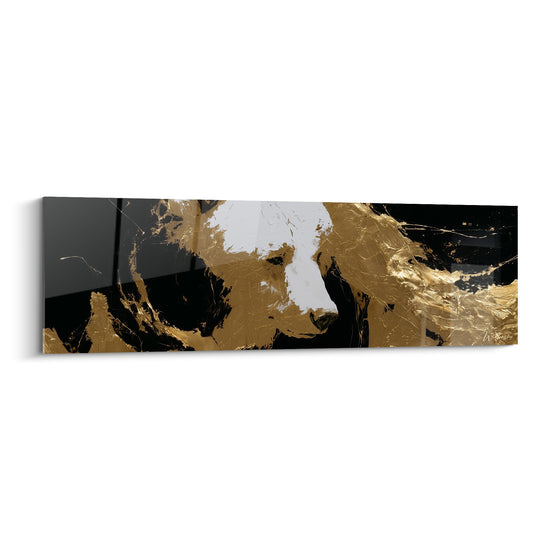 Ours brun sculptural en profil, matière dorée et noir profond, museau blanc lumineux