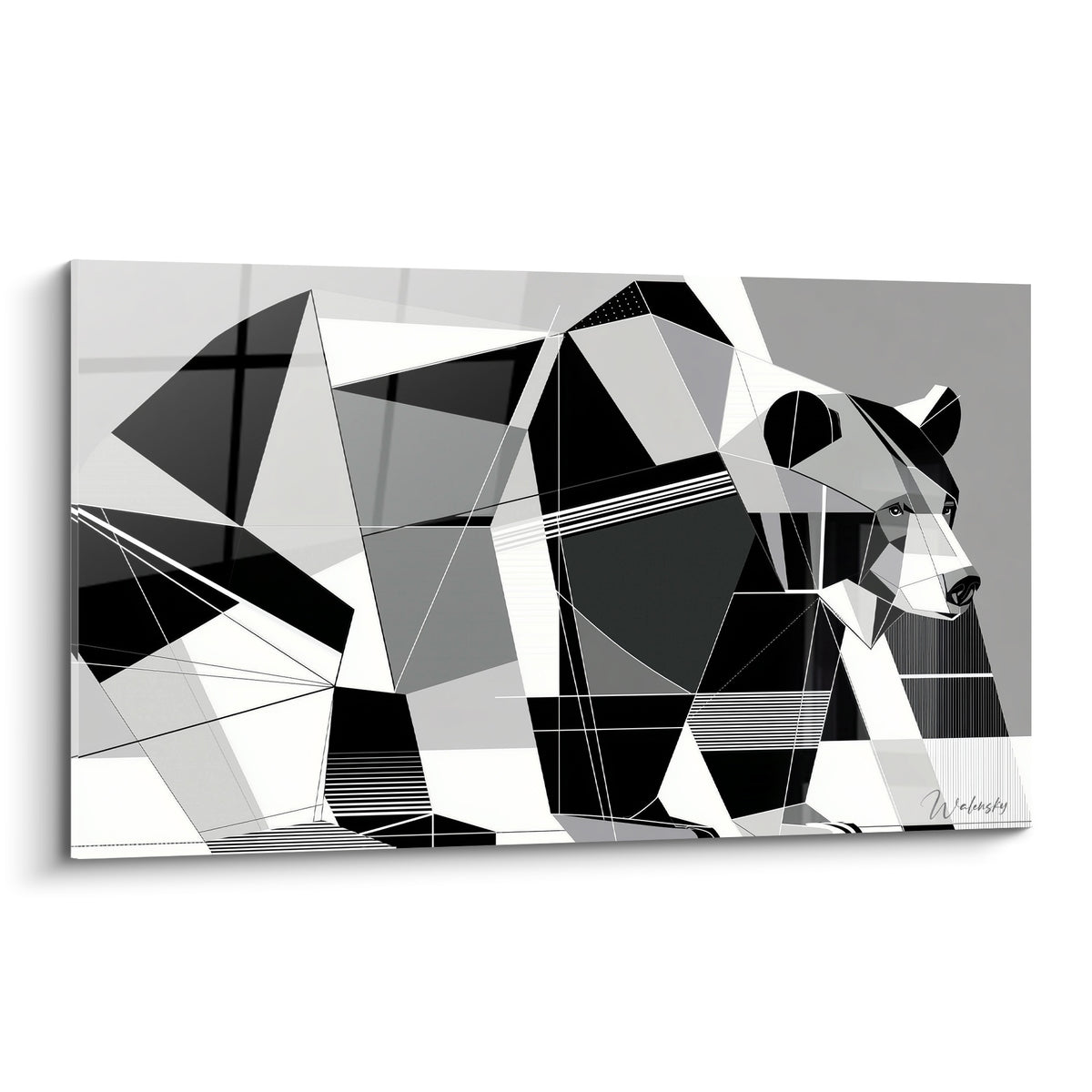 Ours brun de profil en facettes noires et blanches, motif géométrique anguleux sur fond gris