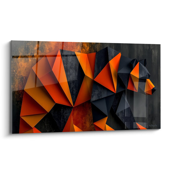 Ours brun géométrique orange et anthracite représenté de profil en facettes triangulaires