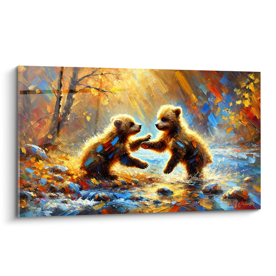 Oursons bruns joueurs aux teintes dorées et bleu pastel dans un ruisseau forestier automnal