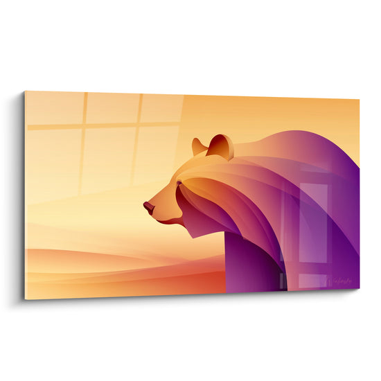 Ours brun de profil aux teintes dorées et violettes, style graphique aux courbes fluides