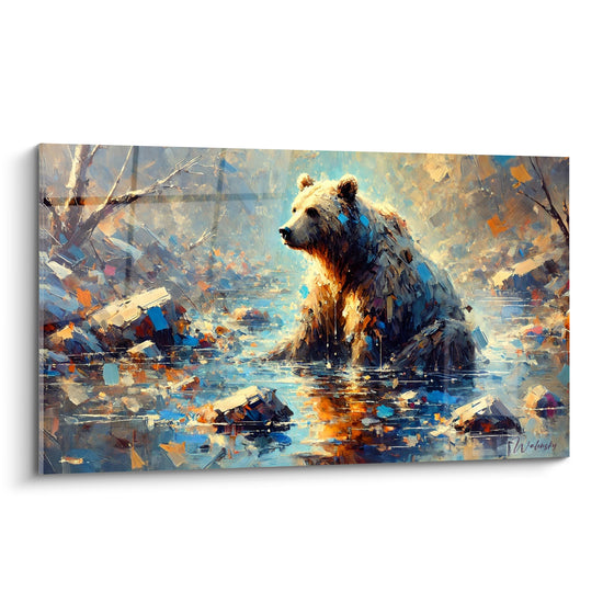 Ours brun debout dans une rivière bleu marine et ocre, fourrure texturée à l'huile
