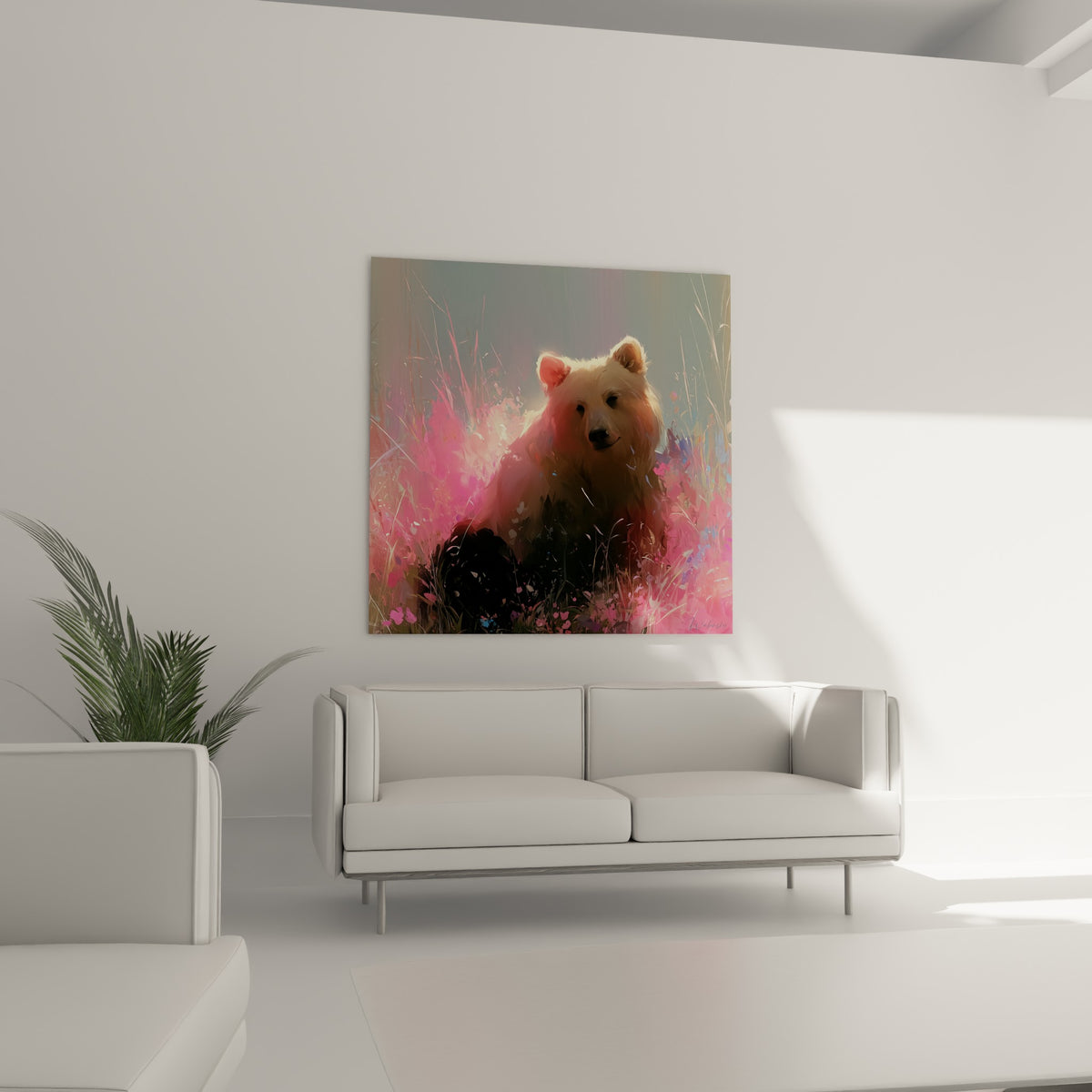 Regard paisible d'un ours brun crème entouré de fleurs roses au-dessus d'un canapé de salon lumineux