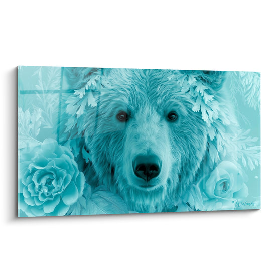 Ours brun turquoise au regard sombre, entouré de roses et feuillages givrés en pleine composition