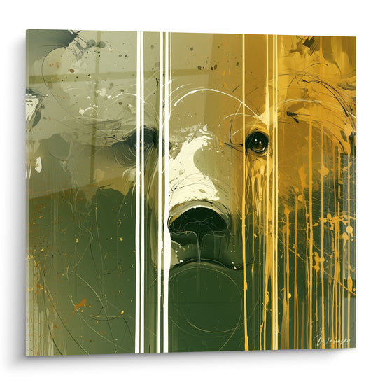 Ours brun au visage fractionné entre vert olive et doré, coulures verticales sur toute la toile